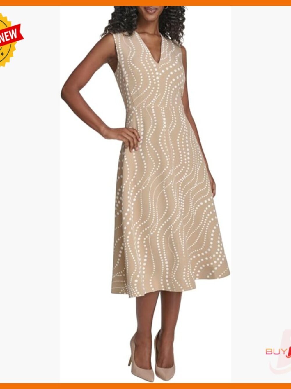 Sleeveless V-Neck A-Line Midi Dress, Fit & Flare, Polyester Blend